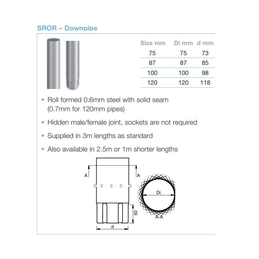 Lindab Circular Steel Downpipe x 3m (SROR)